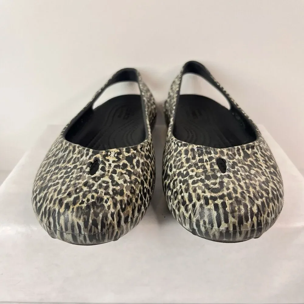 Crocs Women Leopard Print Slip On Flats Coastal Grandma Shoes Size W5 Black Gray